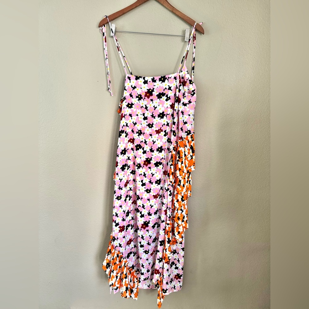Kenzo Mixed Floral Print Ruffle Midi Slip Tank Dress Size 40 (8) Pink Orange - Picture 7 of 10